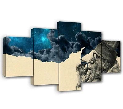 5 Panel Canvas Wall Art Smoke and Wonder Abstract Man Smoking Starry Night Sky - Image 1 of 3