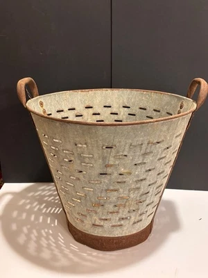 Vintage Galvanized Olive Bucket Rustic Metal Basket Garden Decor Planter LARGE - Image 1 of 4