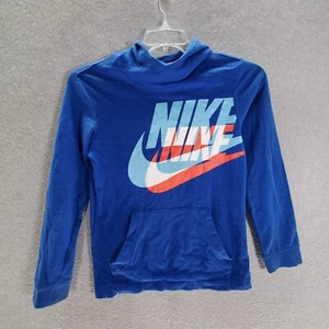 Nike Boys Sweater Large Blue Hoodie Logo Graphic 3D Swoosh Pockets Long Sleeve - Picture 1 of 11
