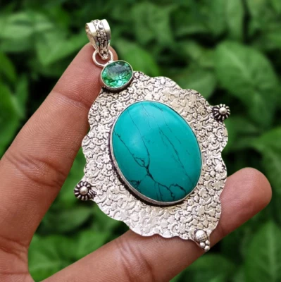 Colgante de 1 pieza de piedras preciosas de vidrio turquesa y topacio enchapado en plata de ley 925 joyería Foto 1 de 4