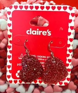 Claires Pierced Earrings Glitter Shimmer Red Hearts Fashion Jewelry Love New - Picture 1 of 1