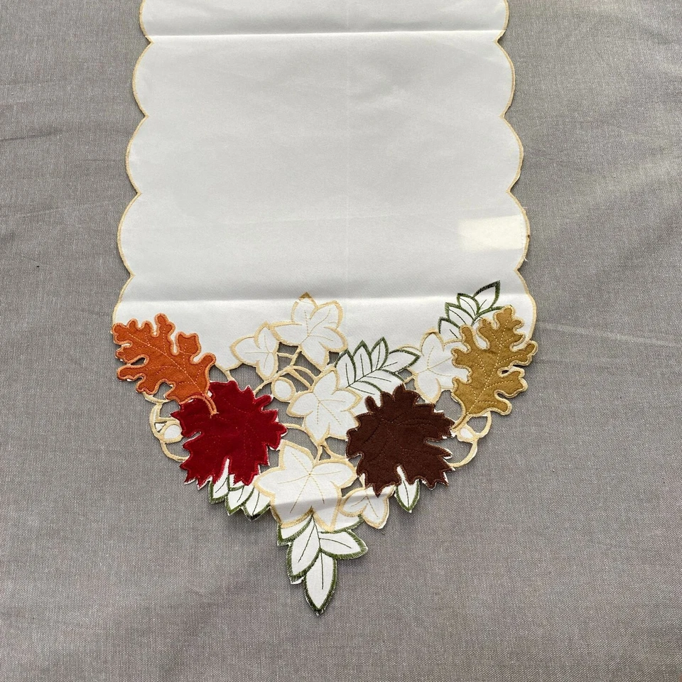 Collections Etc Fall Leaves Table Runner Multicolor Ivory Cut Out Embroidered - Image 1 of 4