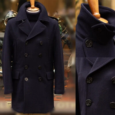 Navy Blue Men's Woolen Overcoat Thick Solid Double-Breasted Mid-length Pea Coat - Image 1 of 4