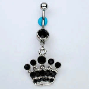 CROWN Dangle Belly Button Ring BLACK Queen Princess Royal Navel Jewelry (C32) - Picture 1 of 1