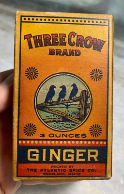 Antique FULL UNOPENED THREE 3 Crow Brand Ginger Spice Box Atlantic Rockland ME - Image 1 of 4