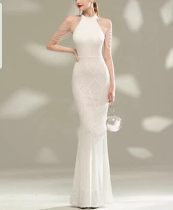 Sexy white/ivory Stretch sleeves mermaid Sequins Evening Gown wedding dress size - Picture 1 of 7