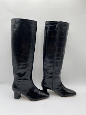 3.1 PHILLIP LIM “Tess” Black Croc-Embossed Square Toe Zip Up Leather Boots, 35.5 - Image 1 of 4