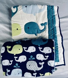 CIRCO Whales N Waves Lot of 2 Crib Comforter & Baby Blanket 30 x 40 Cotton/Plush - Picture 1 of 17