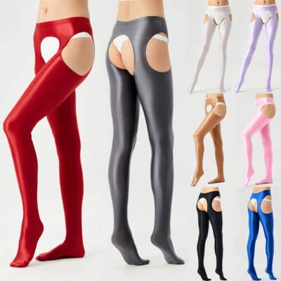 Sexy Straps Strumpfhose Schritt offen Strumpfband Satin Wetlook Glanzstrumpfhose - Bild 1 von 4