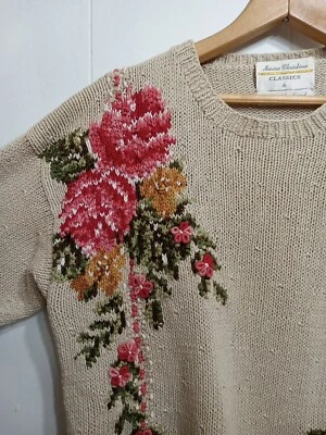 Cottagecore Vintage 80s 1980s 1980's Floral Grandma Sweater Hand Knit S Small - Image 1 of 4