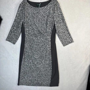 LAUREN RALPH LAUREN Dress Sz 14 White/Charcoal Gray Print Faux Wrap Jersey Knit - Picture 1 of 16