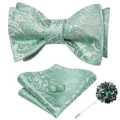  Self Tie Bow Ties and Lapel Pin for Men Paisley Solid Mens Light Mint Green - Image 1 of 4