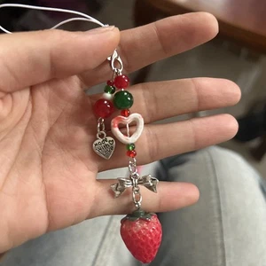 Sweet Strawberry Phone Pendant Cute Bow Heart Keychain Camera Bag Decoration* - Picture 1 of 5