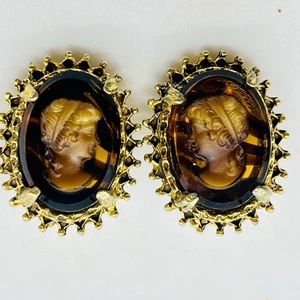 Vintage Florenza Glass Cameo Clip On Earrings 1" - Picture 1 of 5