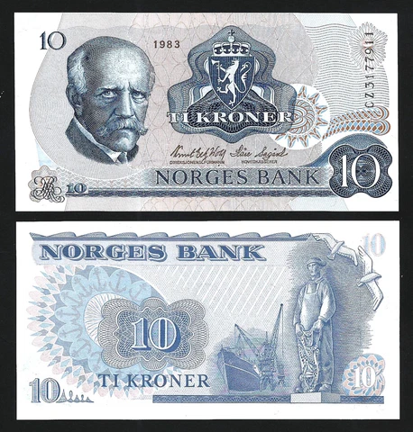 Norway 10 Kroner 1983 , UNC , P-36c , Sign : Wold & Sagard Cover