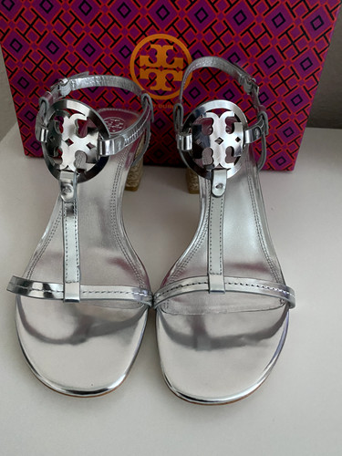 Sandalo espadrillas nuovo con scatola TORY BURCH Miller 65 mm specchio metallizzato in argento taglia 11