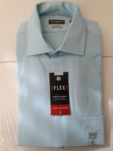 Van Heusen Men's 15 32/3 Regular Fit Flex Collar Stretch Check, Aqua - Picture 1 of 6