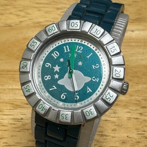 Flik Flak Swatch Swiss Watch Women Kids Silver Green Rotating Bezel New Battery - Picture 1 of 6