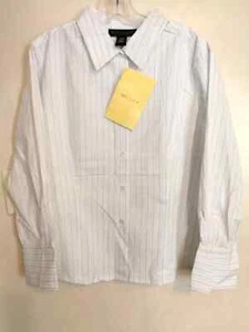 Dialogue Womens Blouse 18W Plus White Blue Striped Button Up Shirt Long Sleeve - Picture 1 of 3