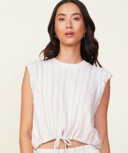 Monrow Stripe Drawstring Sleeveless Top in Bone Beigi sz L - Picture 1 of 6