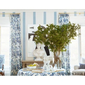 SCHUMACHER JACOBEAN TREE OF LIFE BIRDS CAMELLIAS LINEN FABRIC 10 YARDS BLUE - Picture 1 of 7