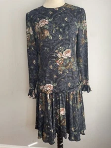 Vintage Giorgio Armani Long Sleeve Drop Waist Floral Dress Sz 40 -6 Blue Brown - Picture 1 of 16