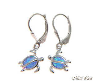 925 Sterling Silver Rhodium Hawaiian Honu Turtle Blue Opal Leverback Earrings