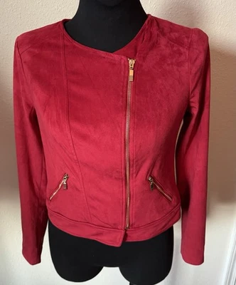 Jaqueta de Moto Thalia Sodi Pequena Feminina Camurça Artificial Vermelha Elástica Nova Sem etiquetas Zíper Dourado - Imagem 1 de 4