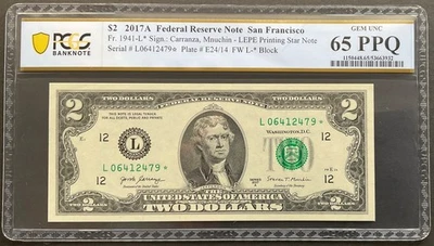 Very Low Run 2017 A $2 Star Note, 32K Run, PCGS Graded 65PPQ, L06412479* - Image 1 of 2