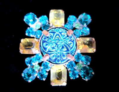 Gorgeous  Czech Vintage Style Glass Rhinestone Button Teal & Gold  One Of Kind - Image 1 of 4