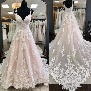 Light Champagne Wedding Dresses Spaghetti Straps Applique Backless Bridal Gowns - Picture 1 of 7