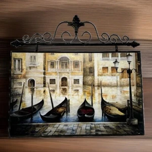 Retro Venedig Straße Kanal angedockte Boote Druck 20x12,5 mit Metallrahmen 20x18,25 ansehen - Bild 1 von 15