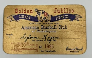 1950 PHILADELPHIA A’s PASS  Connie Mack Last GM #3729 Win/Ted Williams HR #24⚾️ - Picture 1 of 4