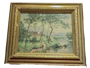 Oil Painting Rene Charles Edmond River Landscape With House Frame 1877-1960 VTG - Picture 1 of 20