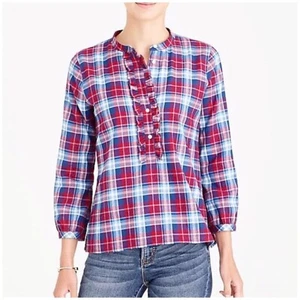 J. Crew Mercantile Flannel Plaid Popover Shirt Top Ruffle Blue Red Women Size XS - Picture 1 of 11