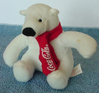Plush COCA COLA Shanghai First Arts COKE POLAR BEAR 4-1/2" Sitting w/Red Scarf - Image 1 of 4