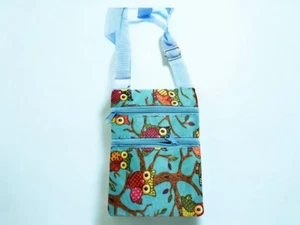 6.25" x 4.5" Blue Colorful Owls Girls Mini 2 Zipper Crossbody Side Bag - Picture 1 of 2