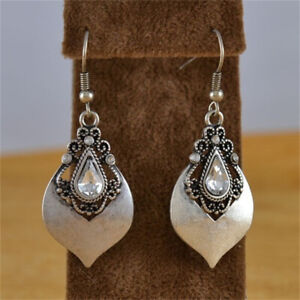 Women Vintage Boho 925 Silver Ruby Dangle Hoop Earring Retro Jewelry Gift
