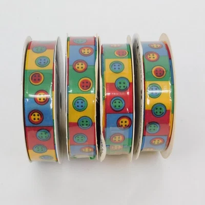 Lot of 4 Printed Button Ribbon Offray Gear Kids Fasten Up 5/8" Wd x 8 Ft Lg NOS - Image 1 of 4