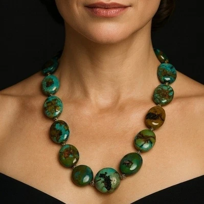 REAL HEAVY SMOOTH TURQUOISE BRONZE ARTISAN NECKLACE VINTAGE 80S GEMSTONE BEADS - Image 1 of 4