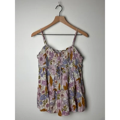 American Eagle Floral Smocked Cami Top Medium Purple Brown Sleeveless - Imagem 1 de 4