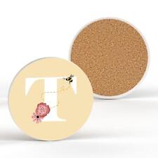 PASTEL YELLOW LETTER T CERAMIC COASTER WITH BEE AND FLORAL THEME