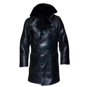 Men's RAF Bomber Long Coat Warm Shearling Fur Jacket Black Real Leather overcoat - Picture 1 of 7