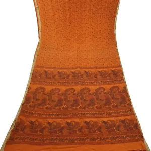 Vintage Orange Sarees 100% Pure Crepe Silk Printed Zari Border Sari 5YD Fabric - Picture 1 of 6