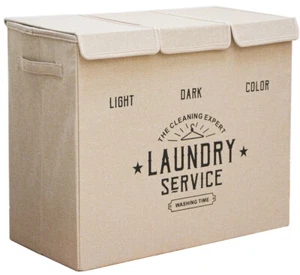 Wäschekorb 3 Fächer - 84L Wäschesammler Beige mit Deckel - Wäsche Organizer Bad - Bild 1 von 10