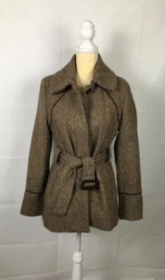 MERONA Beige Brown WOOL BLEND Coat Belted Jacket Sz M Gr8 Cond. Foto 1 de 4