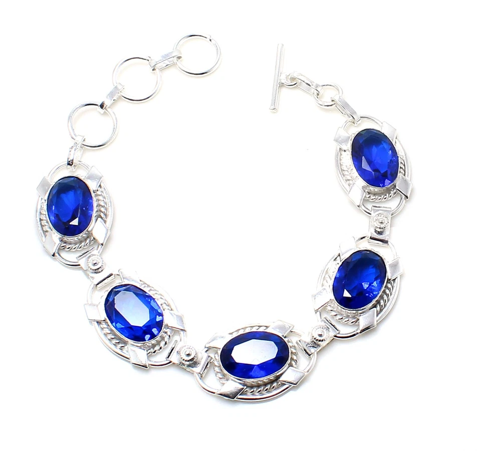 Brazalete de joyería de plata de ley 925 hecho a mano con piedras preciosas de tanzanita azul tamaño 7-8" Foto 1 de 1