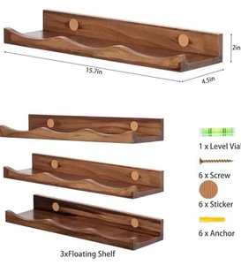 Floating Wall Shelves Set Of 3 Walnut Tone Scalloped Ledge 16 Inches Hold 8 Lbs - Picture 1 of 6
