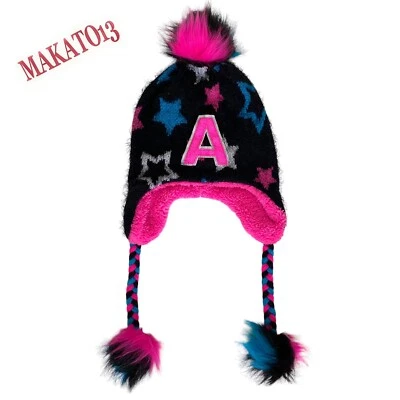 Sombrero Justice Girl’s Letter A Talla Única Pom Pom Sherpa Forrado Estrellas Negro Azul Rosa Foto 1 de 4