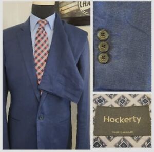 Hockerty Mens LINEN 2 Piece Suit Blue Custom Made Jacket US 42 R Pants 34W x 32